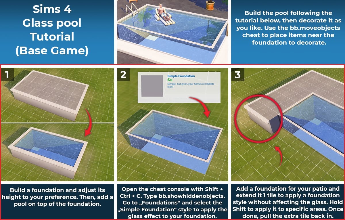 Glass-sided swimming pool built with Base Game items in The Sims 4