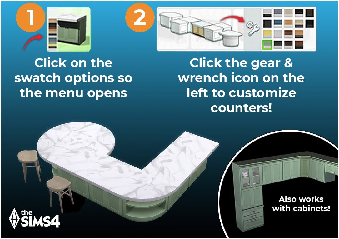 Custom counter shapes and cabinet pieces shown in The Sims 4 Build Mode