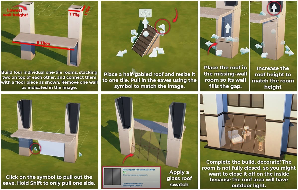 Two-story glass facade created with glass roofs in The Sims 4