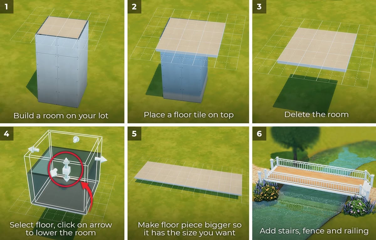 Floating bridge above landscaped terrain in The Sims 4