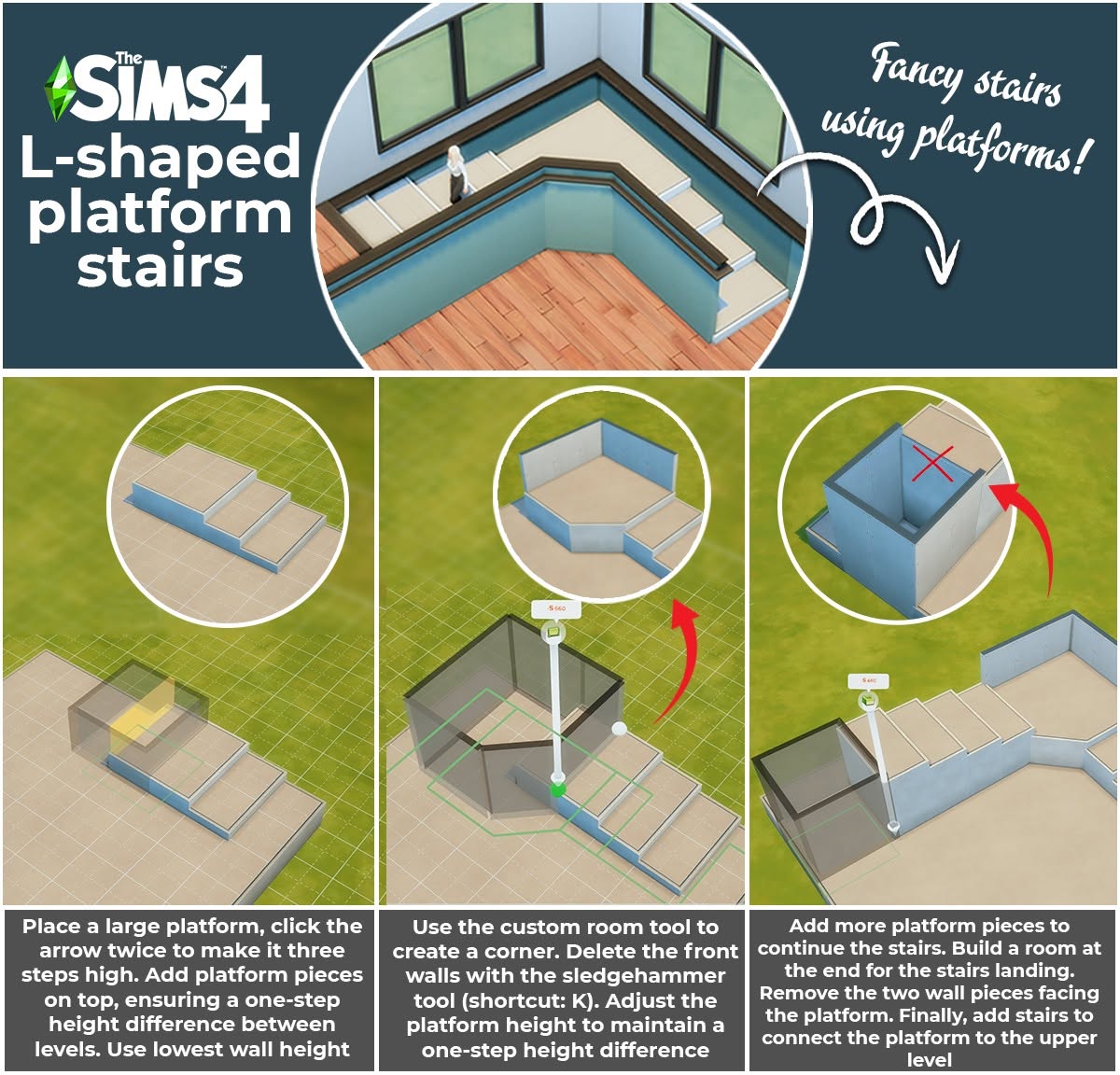L-shaped staircase made with platforms in The Sims 4