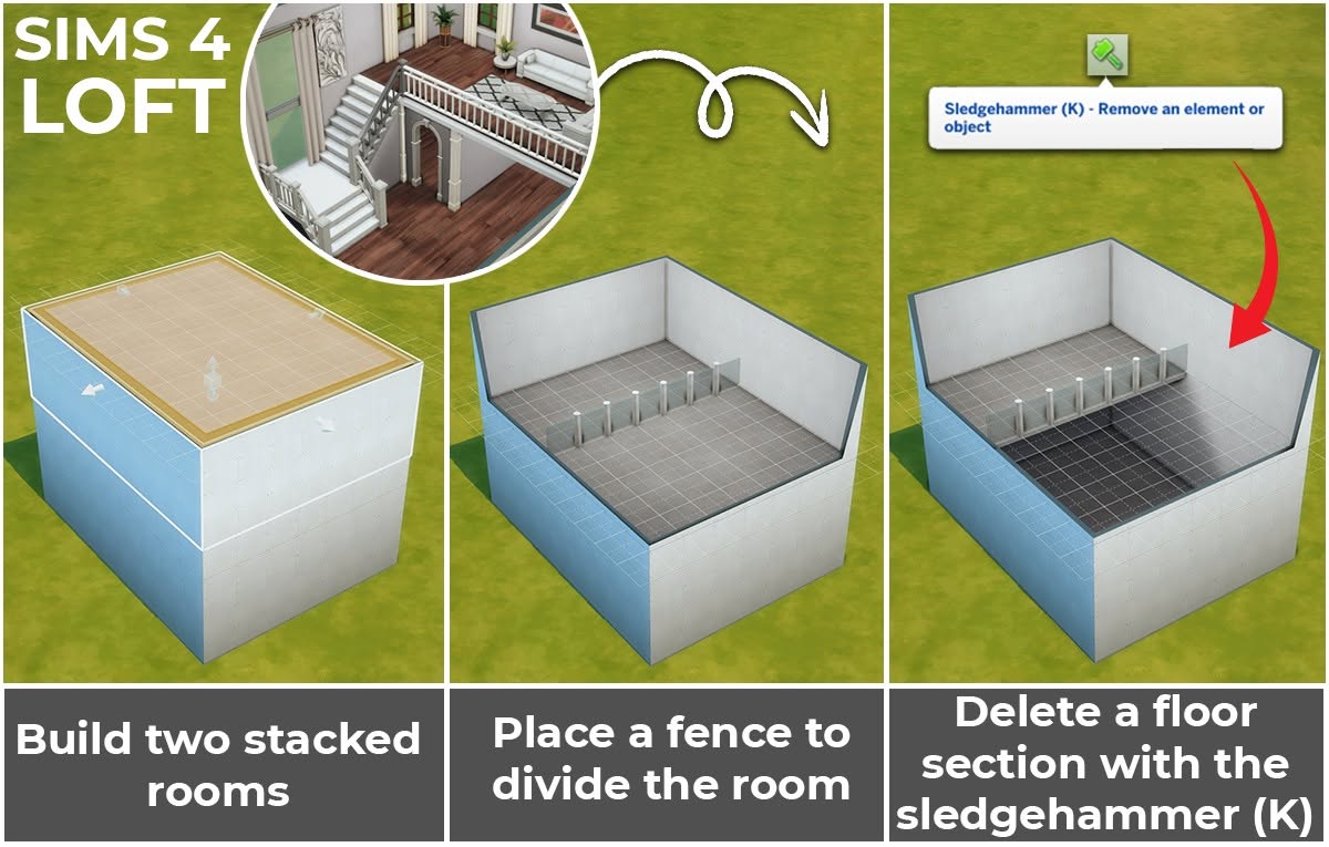 Open loft with a double-height room in The Sims 4