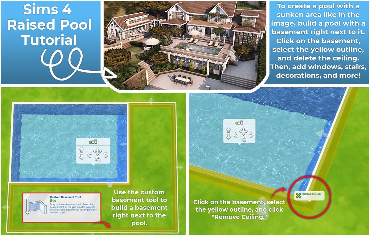 Raised pool in The Sims 4 with a sunken lounge area beside it