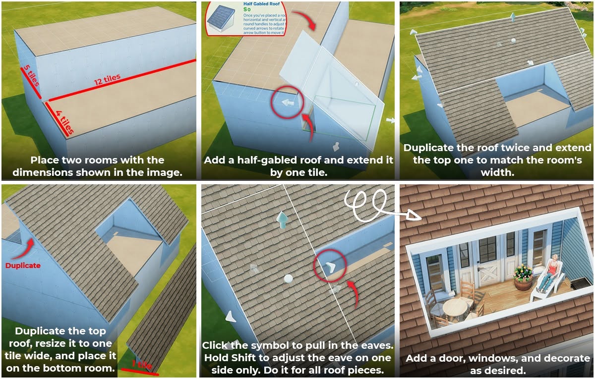 The Sims 4 roof balcony integrated into a sloped roof