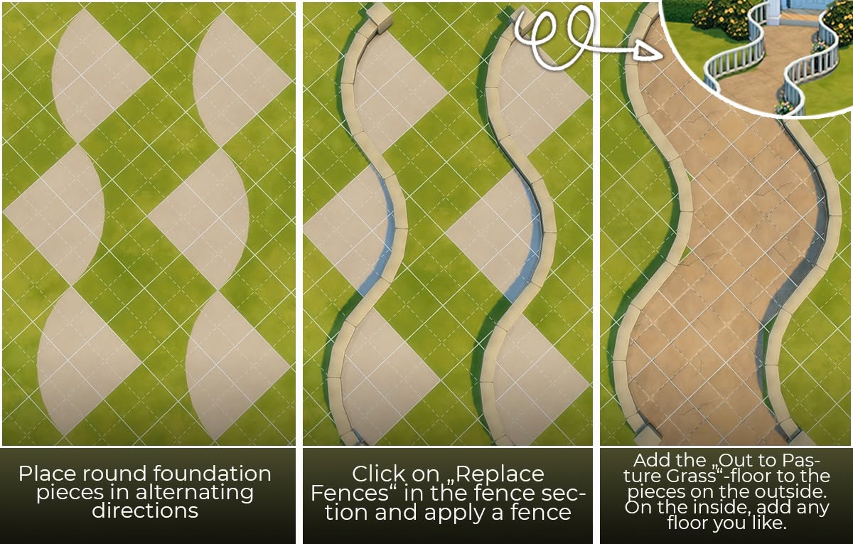 Curved garden path made from rounded foundation pieces in The Sims 4