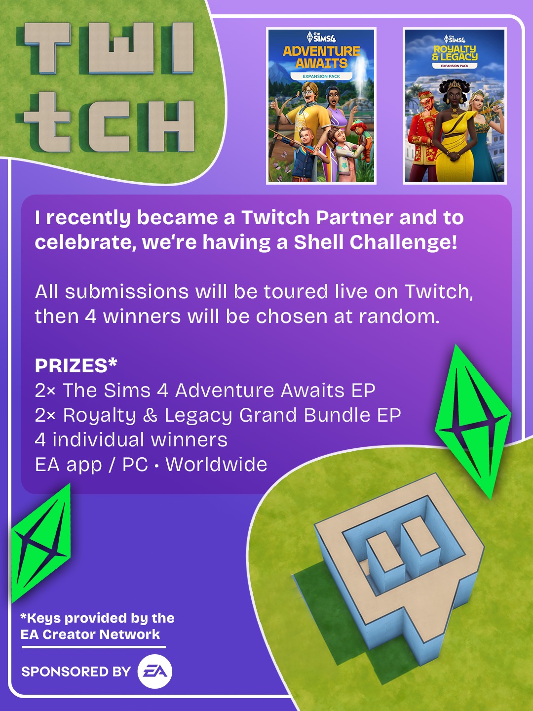 Shell Challenge prize graphic with Adventure Awaits and Royalty & Legacy prizes, Twitch tour information and four randomly chosen winners.